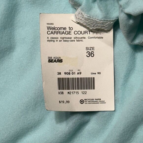 Vintage Sears Carriage Court Nightgown Turquoise Fleece Top Size 36 Small NWT - Picture 8 of 9